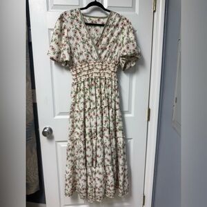 Max Studio Cream Maxi Dress with Pink & Green Floral Print